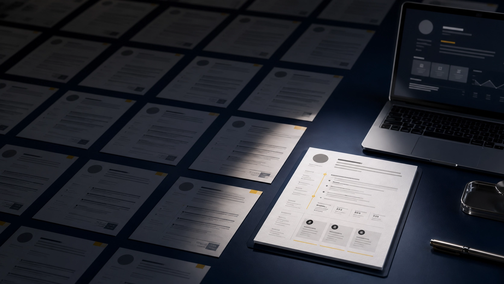 A grid of identical dark resumes spread across a desk with one brighter resume standing out in the foreground, beside a laptop showing a candidate profile