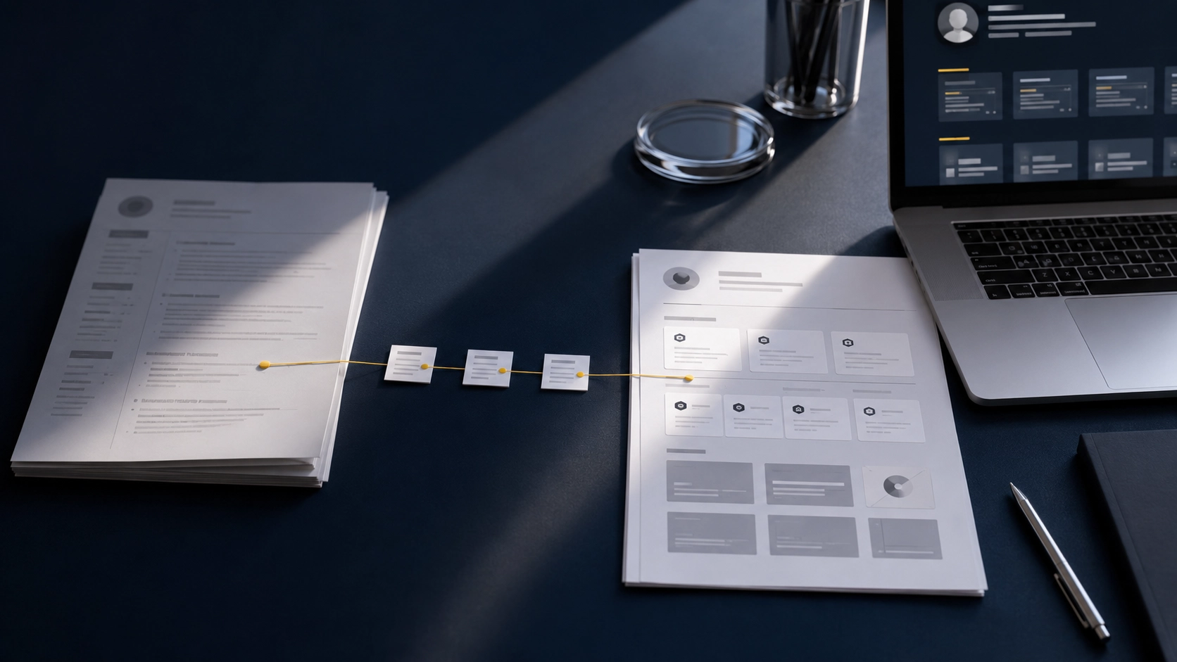 A desk showing a career pivot — a printed resume marked up and reframed beside a laptop displaying an interactive candidate profile