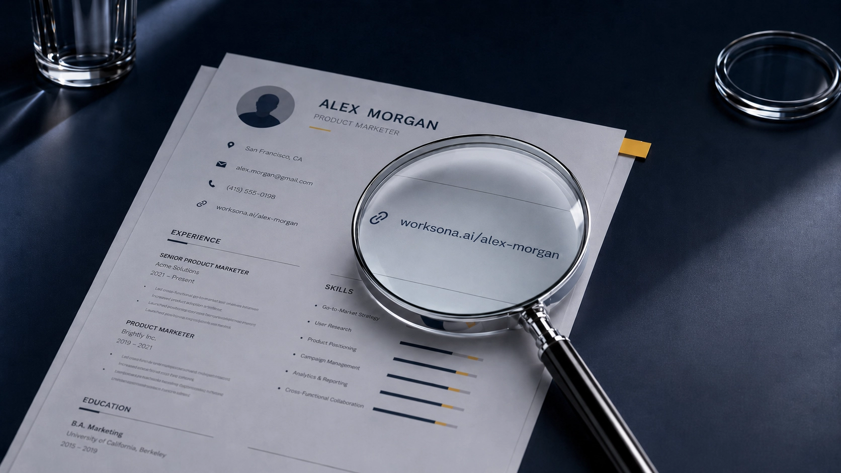 A magnifying glass over a printed resume, enlarging the candidate's profile link in the contact details