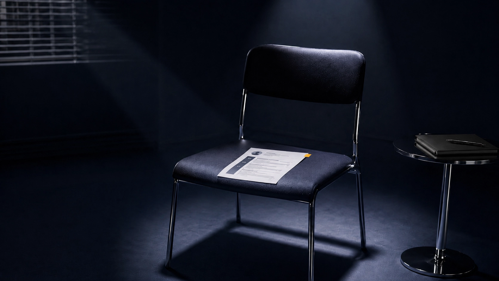An empty interview chair under a spotlight in a dark room with a single resume resting on the seat, a closed notebook and pen on a small side table nearby