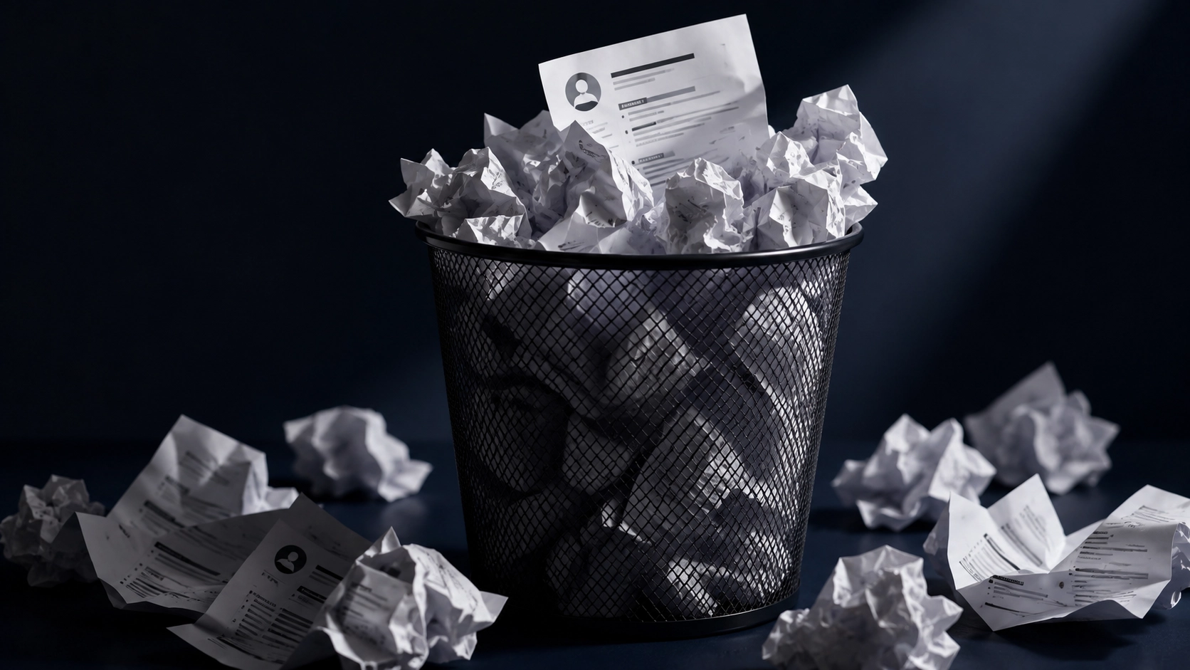 A wire wastebasket overflowing with crumpled resumes on a dark desk, one flat resume still standing upright among the discarded pages