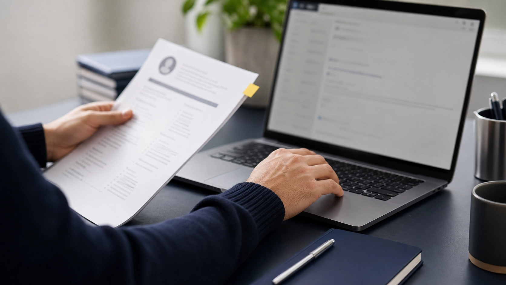 A job seeker holds a printed resume in one hand while exploring a career profile on a laptop